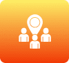 People icon with location marker, orange background.