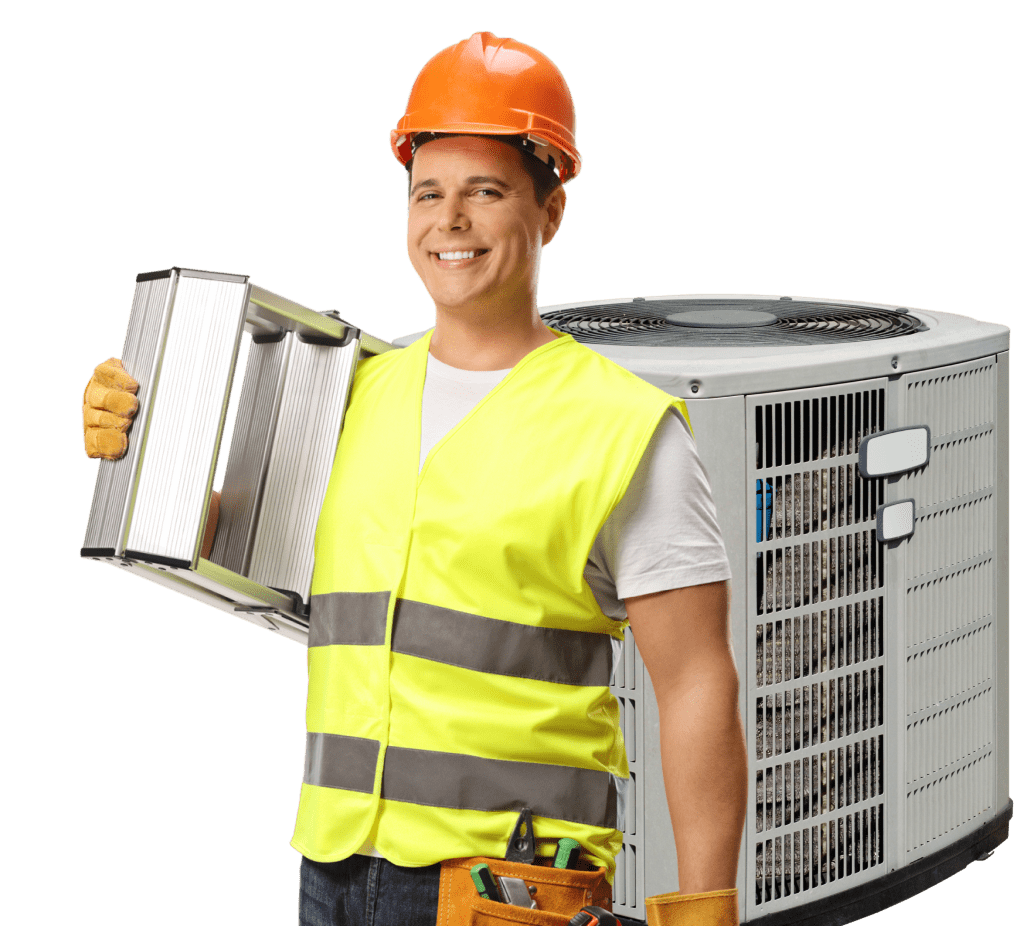 Worker holding air filter near HVAC unit.