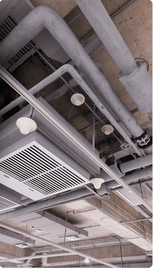 Industrial ceiling with pipes and ducts.